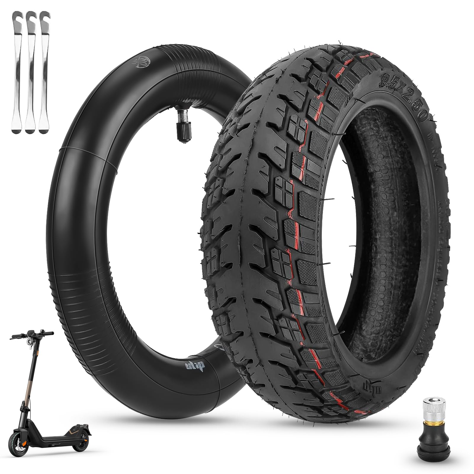 SYACHI 9,5 x 2,50 Reifen Kit für Niu KQI3 Max/Pro/Sport, Elektroroller Ersatzreifen Zubehör Vorne und Hinten, 9,5 Zoll Offroad 1 Vakuumreifen + 1 Schlauch + 3 Brechstange SYACHI 9,5 x 2,50 Reifen Kit für Niu KQI3 Max/Pro/Sport, Elektroroller Ersatzreifen Zubehör Vorne und Hinten, 9,5 Zoll Offroad 1 Vakuumreifen + 1 Schlauch + 3 Brechstange von SYACHI