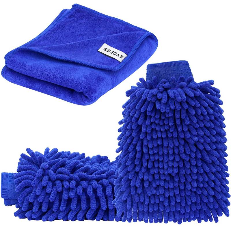 SYCEES 2 Stücke Wasserdicht Mikrofaser Autowaschhandschuh und 1 Stück Microfasertuch Set, weicher Korallen Auto Chenille Waschhandschuh Handschuh mit Reinigungstuch Trokentuch für Autowäsche (Blau) von SYCEES