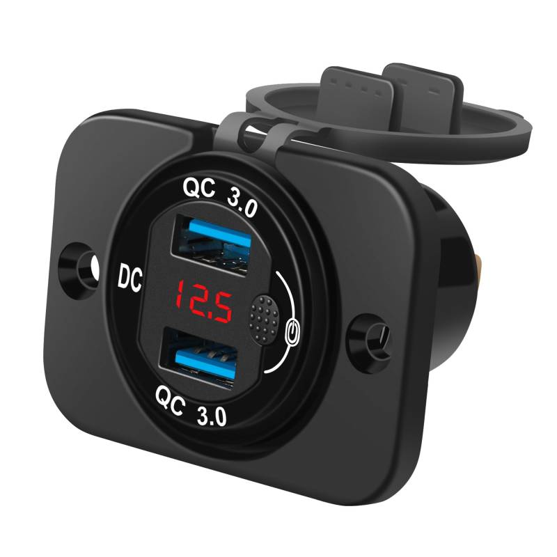 SYCEES QC3.0 Auto Zigarettenanzünder Ladegerät mit Deckel, Schalter, LED Digital Voltmeter, DC 12V-24V Dual USB Steckdose Adapter, Auto Ladegerät, USB Power Adapte für Auto, Wohnmobil, LKW, SUV usw. von SYCEES