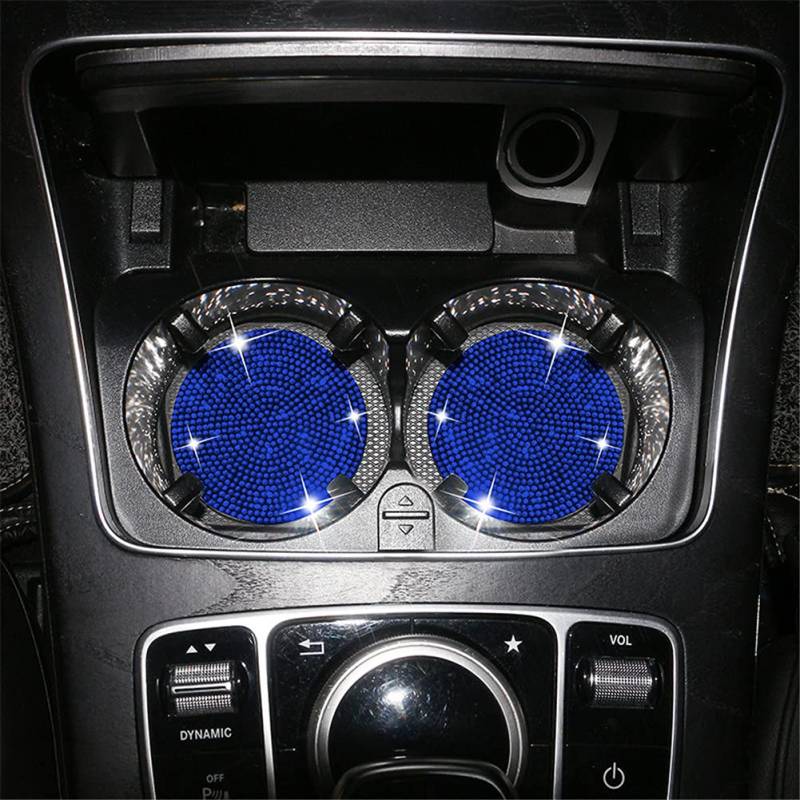 2 Stück Auto Untersetzer, Glitzer Strass Auto Getränkehalter Einsatz für Kaffeebcher Anti-Rutsch Dosenhalter Getränkehalter Pad Bling Kristall Auto Zubehor Innenraum für Damen und Mädchen Blau von SYSUII