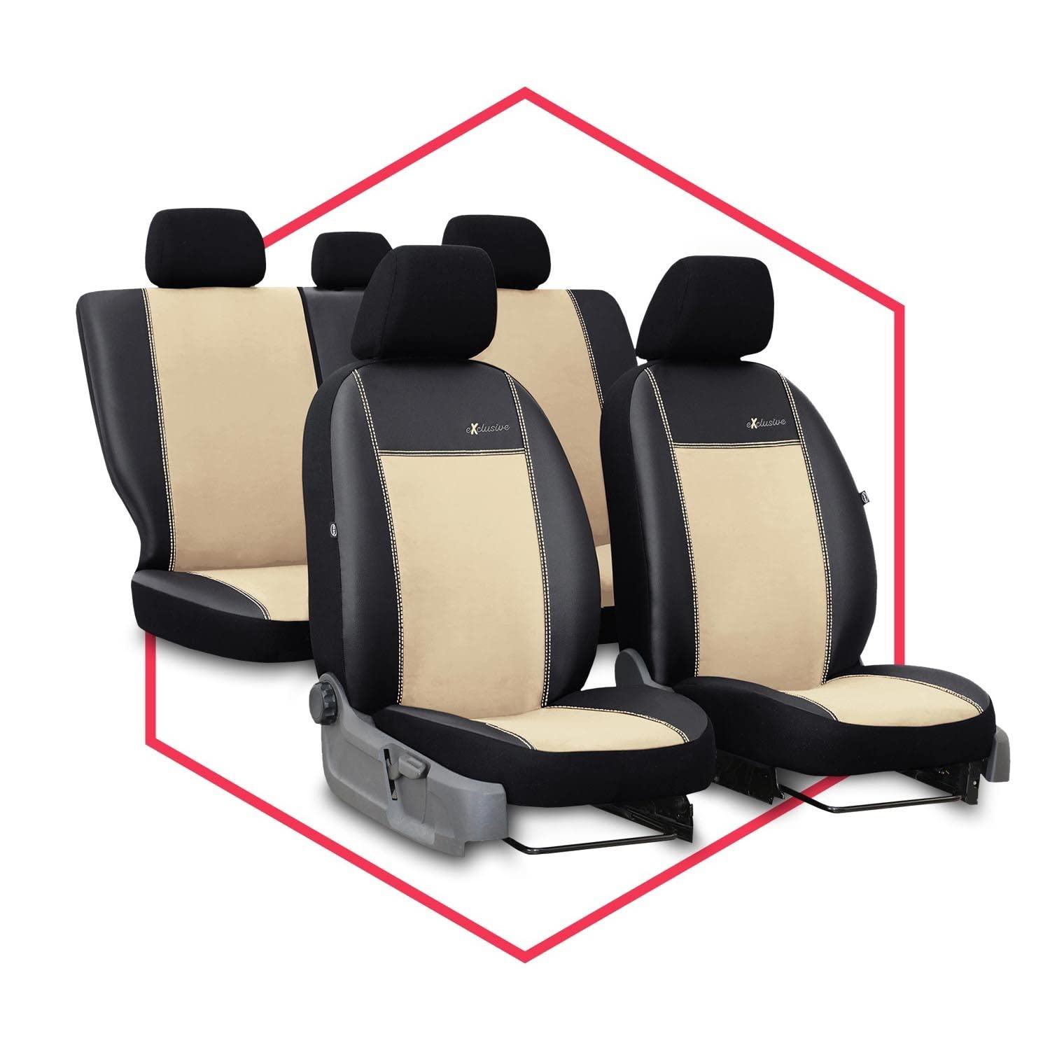 Saferide 3er Set Autositzbezüge PKW universal | Auto Sitzbezüge Kunstleder Beige für Airbag geeignet für Vordersitze und Rückbank | 1+1 Autositze vorne und 1 Sitzbank hinten teilbar 2 Reißverschlüsse von Saferide