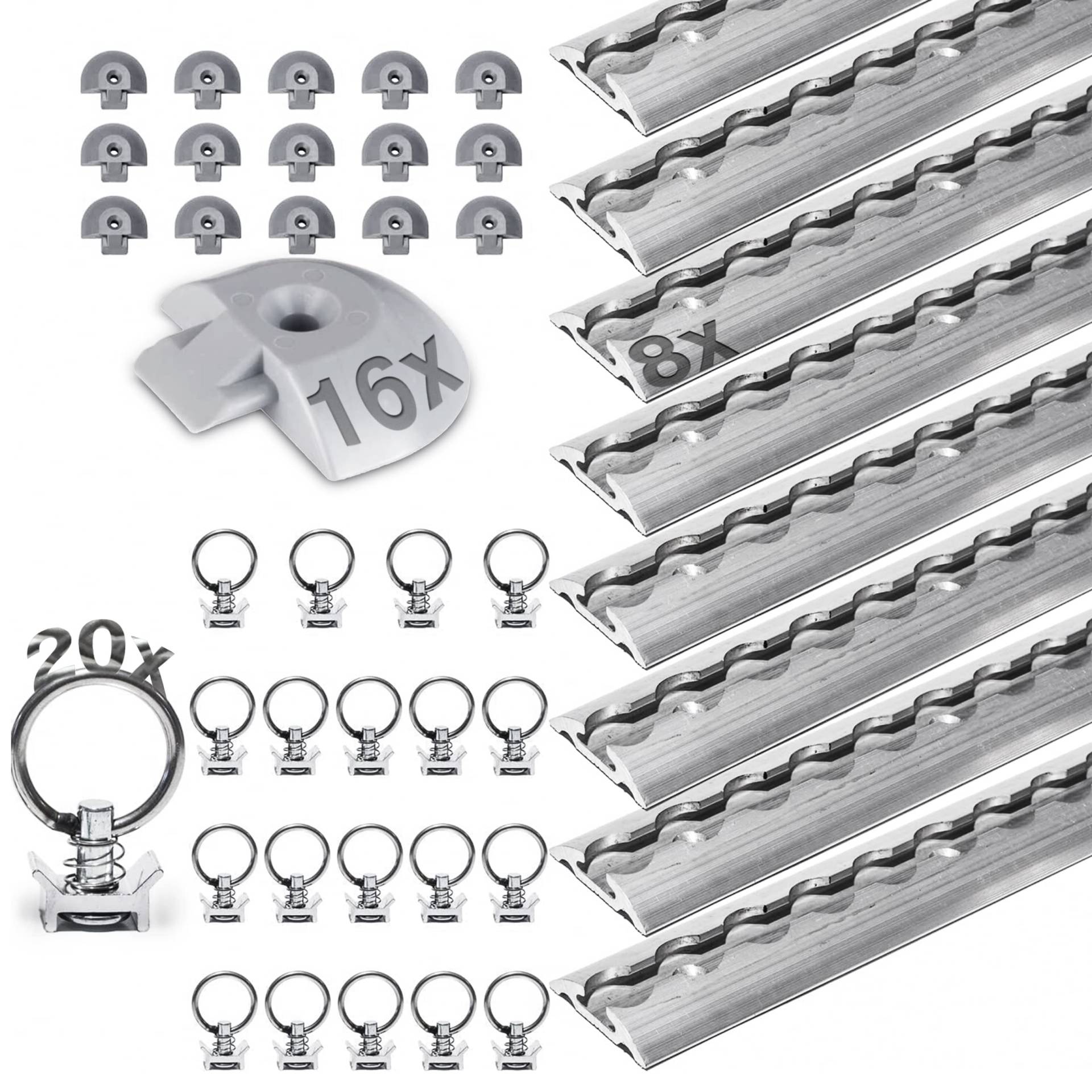 8 x 1m Airlineschiene halbrunde Form mit 20x Single Fitting und 16x Endkappen Starterset Zurrschiene von Safetytex