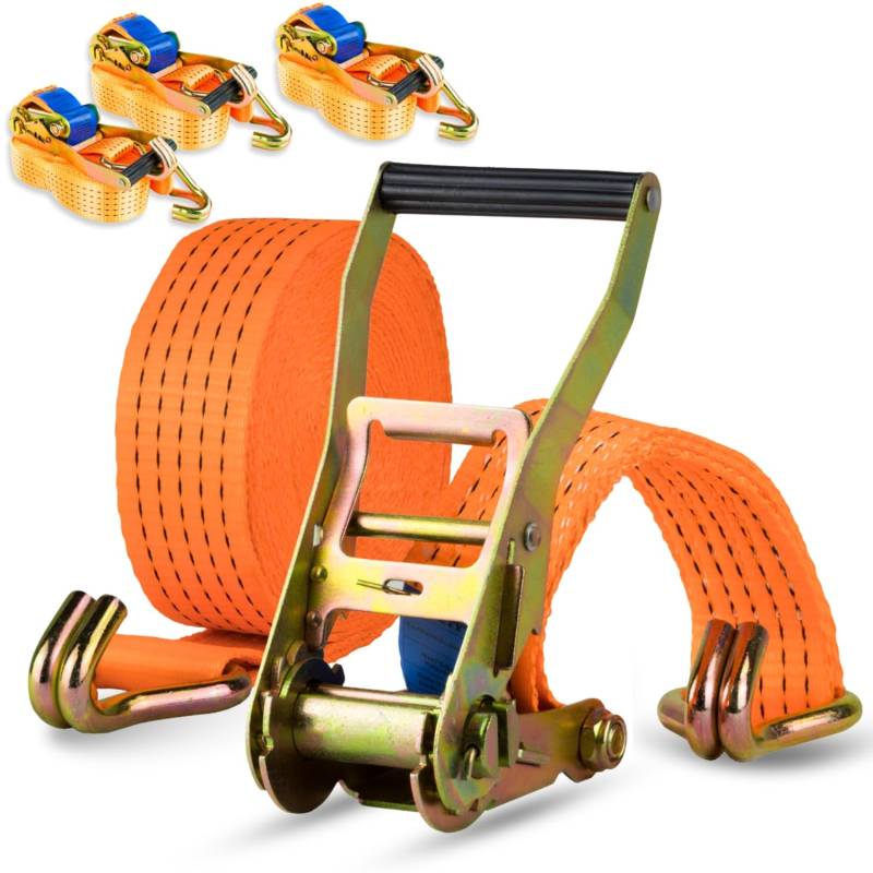 Spanngurt 5t 50mm x 8m – 2-teilig mit Ratsche & Spitzhaken – Zugkraft 5000kg – Polyester Zurrgurt – Sicherer Transport, Verzurren, Sichern von Ladung (4 Stück) von Safetytex