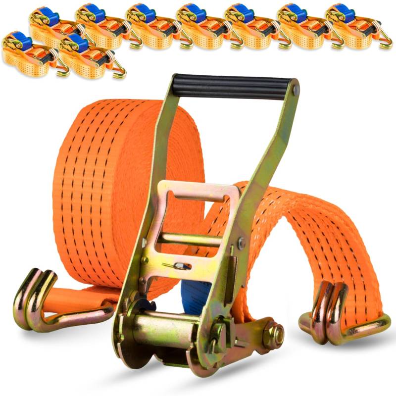Spanngurt 5t 50mm x 8m – 2-teilig mit Ratsche & Spitzhaken – Zugkraft 5000kg – Polyester Zurrgurt – Sicherer Transport, Verzurren, Sichern von Ladung (10 Stück) von Safetytex