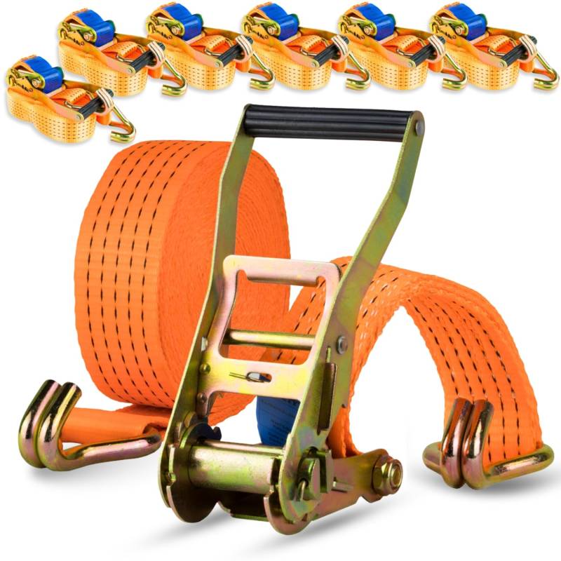 Spanngurt 5t 50mm x 8m – 2-teilig mit Ratsche & Spitzhaken – Zugkraft 5000kg – Polyester Zurrgurt – Sicherer Transport, Verzurren, Sichern von Ladung (6 Stück) von Safetytex
