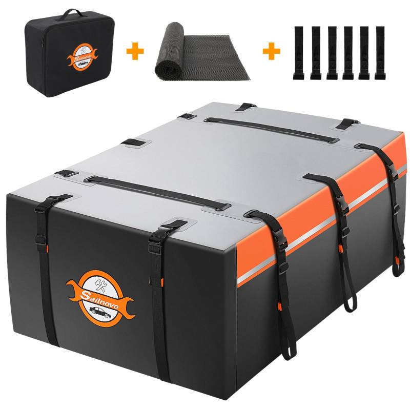 Sailnovo Auto Dachbox, Autodachtasche 20 Kubikfuß 1000D PVC Faltbare wasserdichte Dachbox mit Türhaken, Rutschfester Matte, reflektierendem Streifen, für Autos mit/ohne Dachträger von Sailnovo