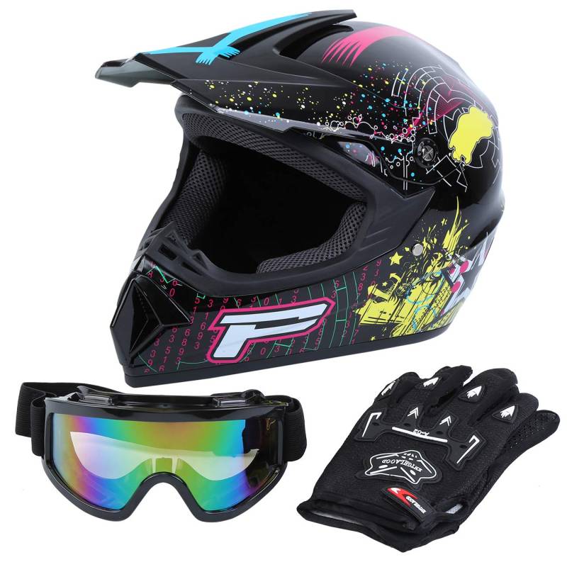 Samger DOT Erwachsene Off Road Helm Motocross Helm Dirt Bike ATV Motorrad Helm Handschuhe Brille (Schwarz, L) von Samger Samger