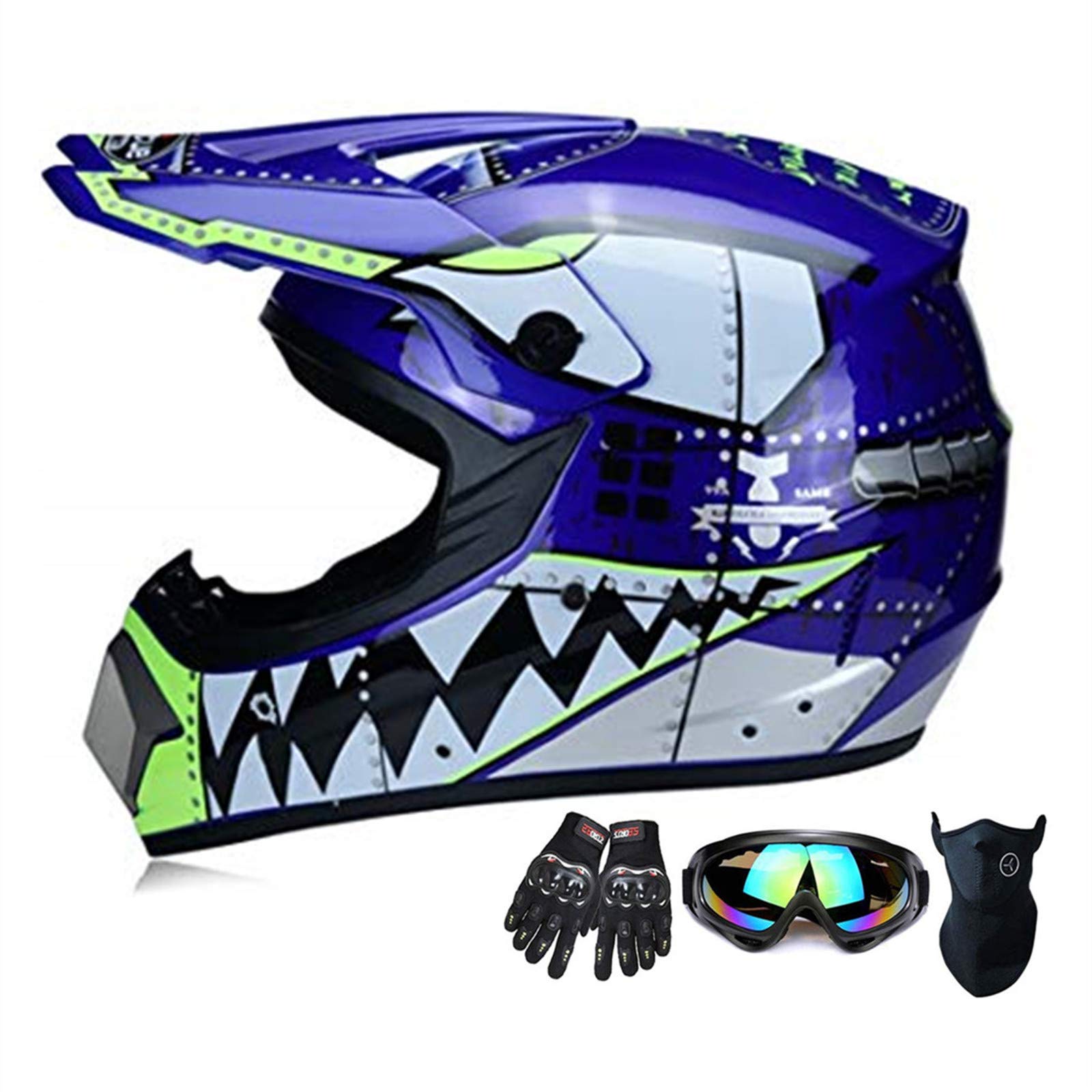 Motocross Helm ATV Motorrad-Sturzhelm SUV Maske + Goggles + Handschuhe, Personality Haifisch-Zähne Dirt Bike Downhill Off-Road Mountainbike Helm 4-teiliges Set Unisex,Blau,M von SanQing