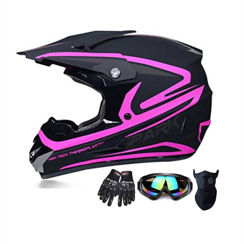 Motocross Helm ATV Motorrad-Sturzhelm SUV Maske + Goggles + Handschuhe, helle Streifen Dirt Bike Downhill Off-Road Mountainbike Helm 4-teiliges Set Unisex,Rosa,M von SanQing