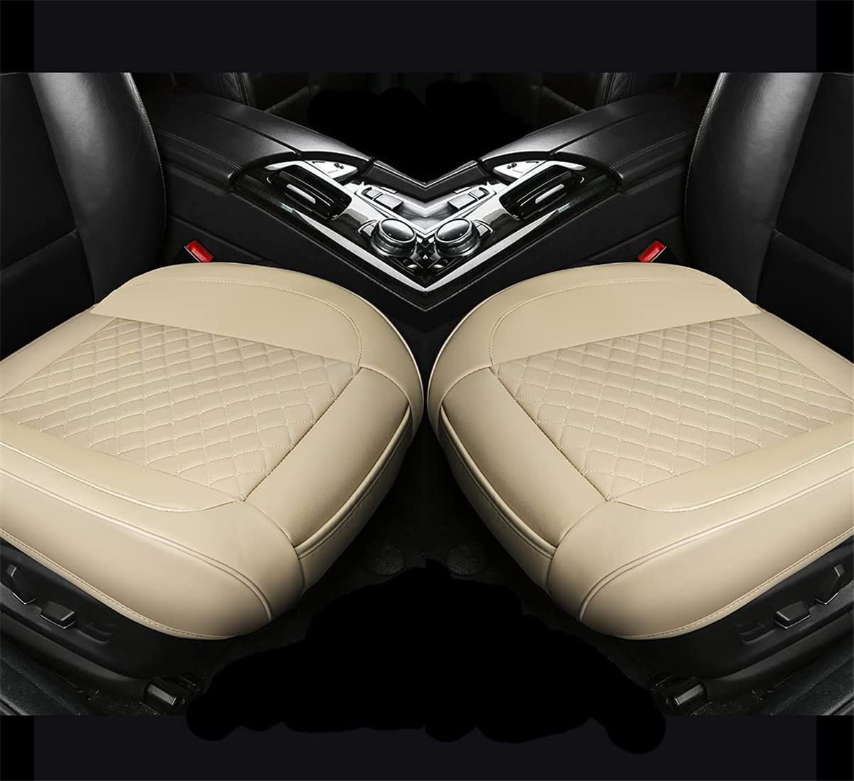SanQing 2PCS Luxus PU Leder Autositzbezüge Schonbezüge für Vordersitzunterseite, Kompatibel mit 90% Fahrzeugen (Sedan SUV Truck Mini Van) (BEIGE) von SanQing