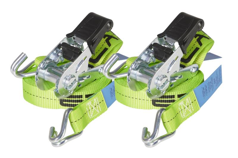 2er-Set ERGOLASH Spanngurte, 4 Meter (4m lang), 25mm breit, Zugkraft LC 400 daN, STF 100 daN, Zweiteilige Zurrgurte, Ratschenspanngurte mit Haken in Neon-Grün, gefertigt nach DIN EN 12195-2 von Sandax