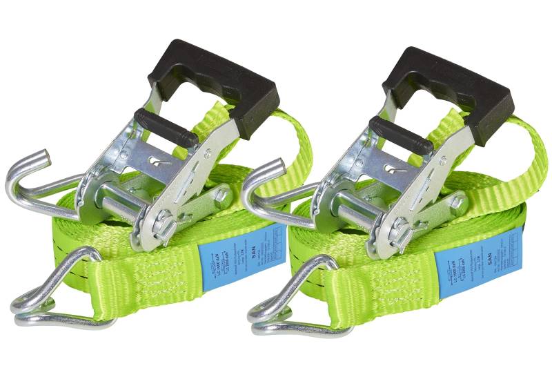 2er-Set ERGOLASH Spanngurte, 4 Meter (4m lang), 35mm breit, Zugkraft LC 1.000 daN, STF 200 daN, Zweiteilige Zurrgurte, Ratschenspanngurte mit Haken in Neon-Grün, gefertigt nach DIN EN 12195-2 von Sandax