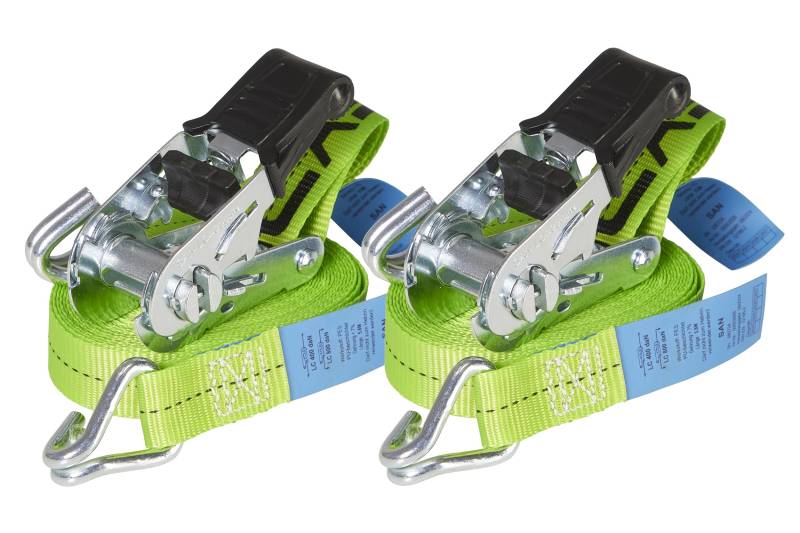 2er-Set ERGOLASH Spanngurte, 6 Meter (6m lang), 25mm breit, Zugkraft LC 400 daN, STF 100 daN, Zweiteilige Zurrgurte, Ratschenspanngurte mit Haken in Neon-Grün, gefertigt nach DIN EN 12195-2 von Sandax