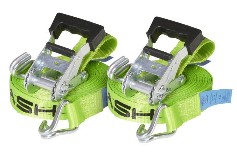 2er-Set ERGOLASH Spanngurte, 6 Meter (6m lang), 35mm breit, Zugkraft LC 1.000 daN, STF 200 daN, Zweiteilige Zurrgurte, Ratschenspanngurte mit Haken in Neon-Grün, gefertigt nach DIN EN 12195-2 von Sandax