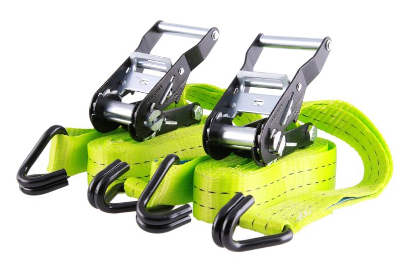 Sandax 2er-Set 6m Spanngurte, Profi Zurrgurte 35mm breit, Zweiteilige Ratschengurte neon-gelb, Zurrgurt mit Ratsche & J-Haken, Spanngurt belastbar bis 2000kg, Ratschenspanngurte nach DIN EN 12195-2 von Sandax