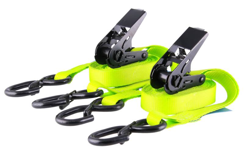 Sandax 2er Set Spanngurte mit Ratsche (PU-beschichtet), Zweiteilige Zurrgurte, Länge 4 Meter (4m), Breite 25mm, Farbe neon-gelb, S-Haken mit Sicherung, bis 800kg, Ratschengurte nach DIN EN 12195-2 von Sandax