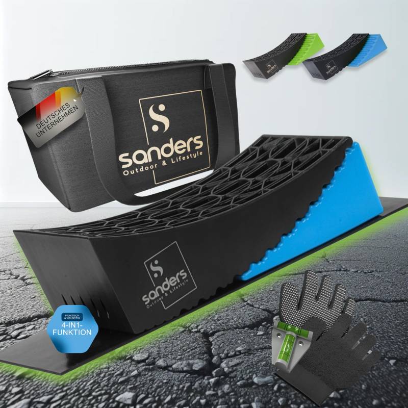 SANDERS Auffahrkeile - [2er Set] robuste Auffahrkeile für Wohnmobil, Wohnwagen | Sicheres & Stufenfreies Nivellieren [<13,5t] Unterlegkeile [individuell kürzbar] - inkl. Antirutschmatten (blau) von Sanders Outdoor & Lifestyle