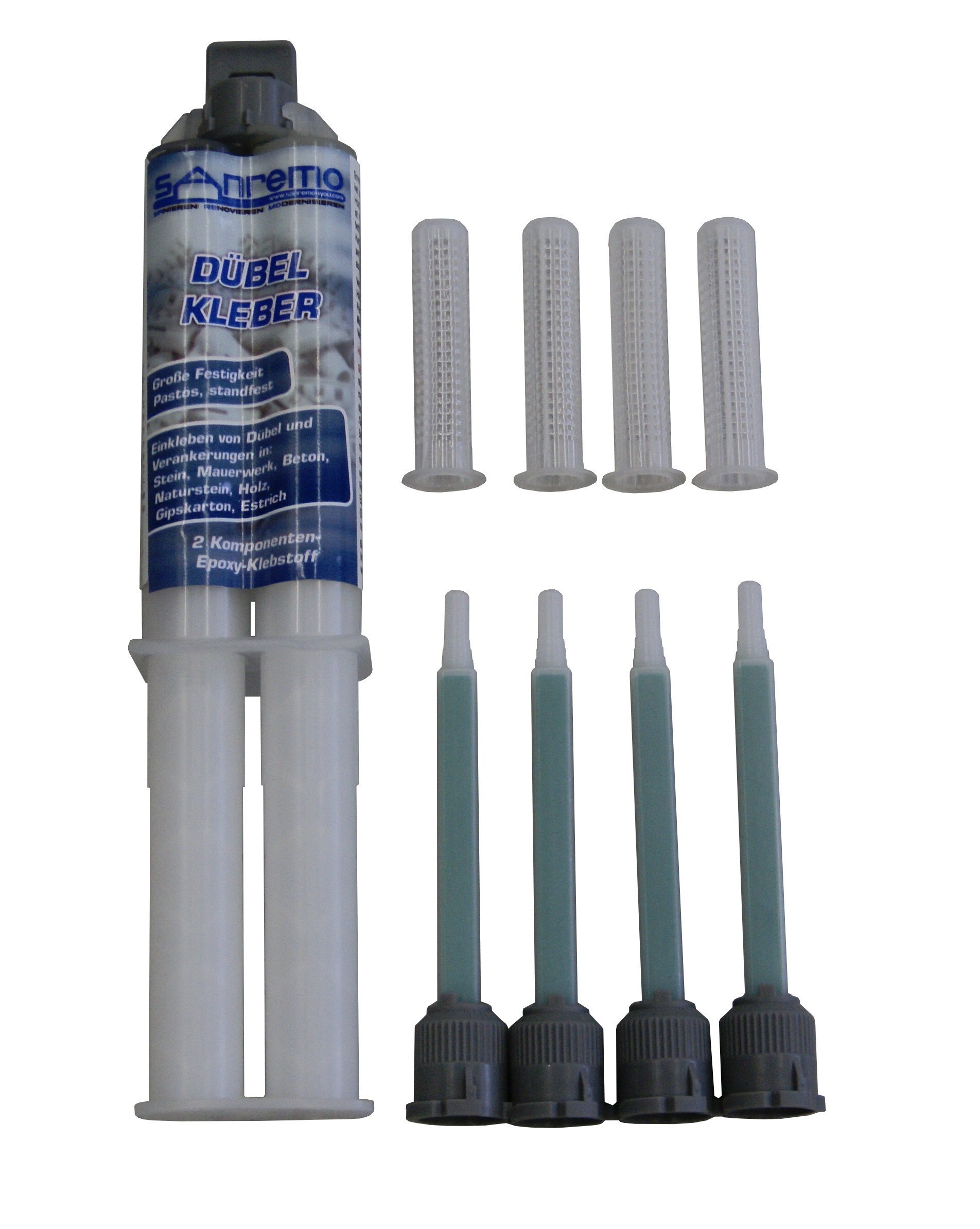 Sanremo DÜBEL KLEBER 25ml + 4 Mischdüsen + 4 Siebhülsen Epoxidharz Kleber 15 Minuten Epoxy Sanremo DÜBEL KLEBER 25ml + 4 Mischdüsen + 4 Siebhülsen Epoxidharz Kleber 15 Minuten Epoxy von Sanremo