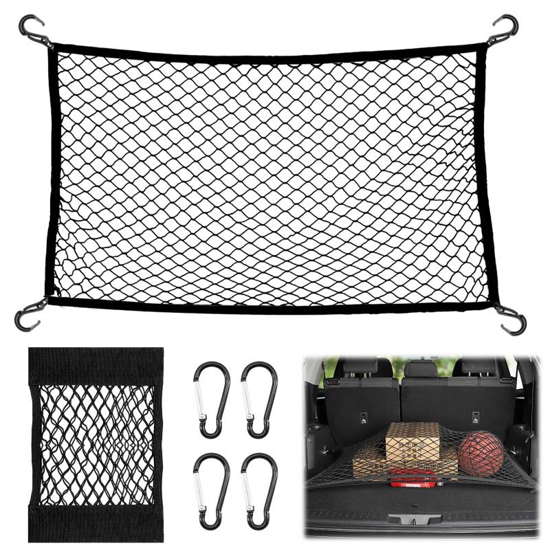 Scettar Gepäcknetz für Hunde Auto Kofferraum 80 x 100 cm ausziehbar auf 144 x 180 cm und 40 x 25 cm Universal Storage Mesh Net und 4 Karabinerhaken Elastisches Netz zur Aufbewahrung und Sicherung des von Scettar