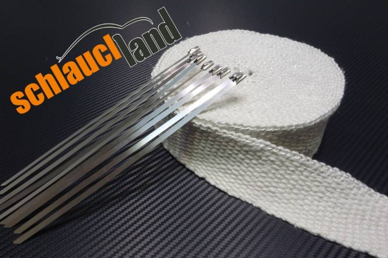 Schlauchland 15m Keramik Hitzeschutzband 50mm Weiss 1200°C + 10 Kabelbinder Auspuffband Thermoband Krümmerband Heat Wrap Basaltfaser Isolierband Hitzeschutz von Schlauchland