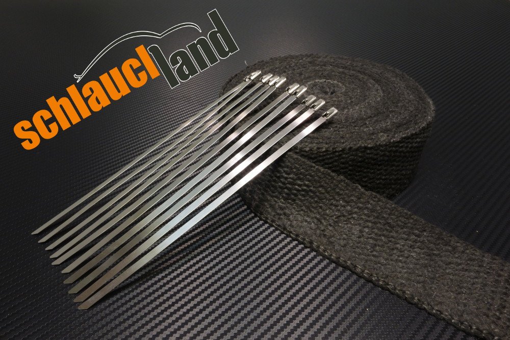 Schlauchland 15m Keramik Hitzeschutzband 50mm schwarz 1200°C + 10 Kabelbinder *** Heat Wrap Auspuff Hitzeschutz Krümmer Isolierband Wärmeschutz von Schlauchland