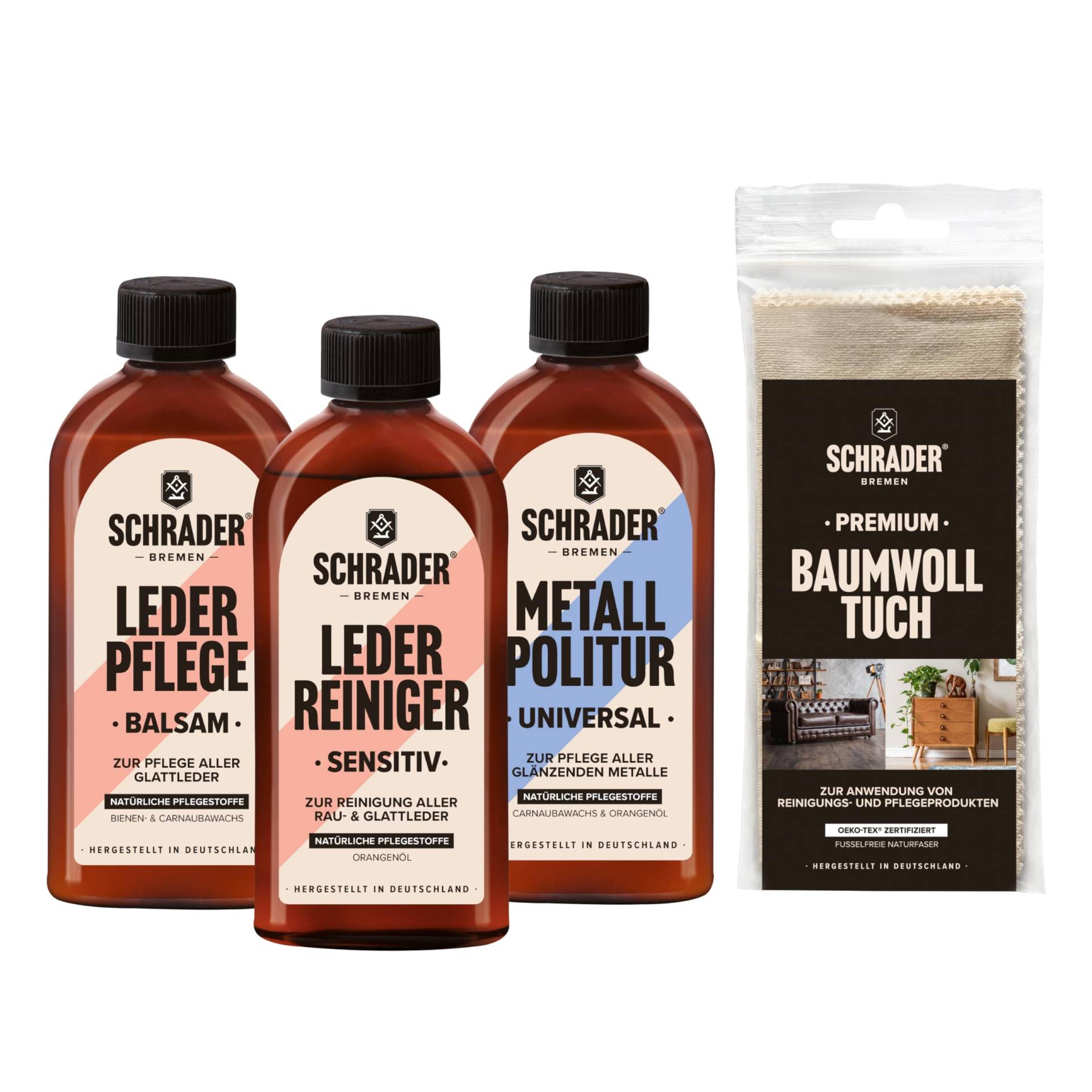 Schrader Autopflege-Set – Autoreinigung mit Lederpflege und Metallpolitur - ideal für Motorrad & Oldtimer - 4-teilig - Made in Germany Schrader Autopflege-Set – Autoreinigung mit Lederpflege und Metallpolitur - ideal für Motorrad & Oldtimer - 4-teilig - Made in Germany von Schrader Bremen