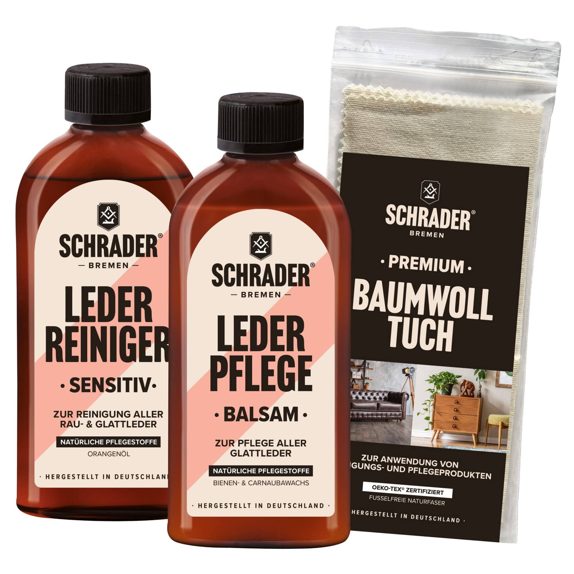 Schrader Lederpflege Set - Reiniger, Balsam und Poliertuch - farbneutral - Ledermöbel & Lederkleidung 3-teilig - Made in Germany von Schrader Bremen