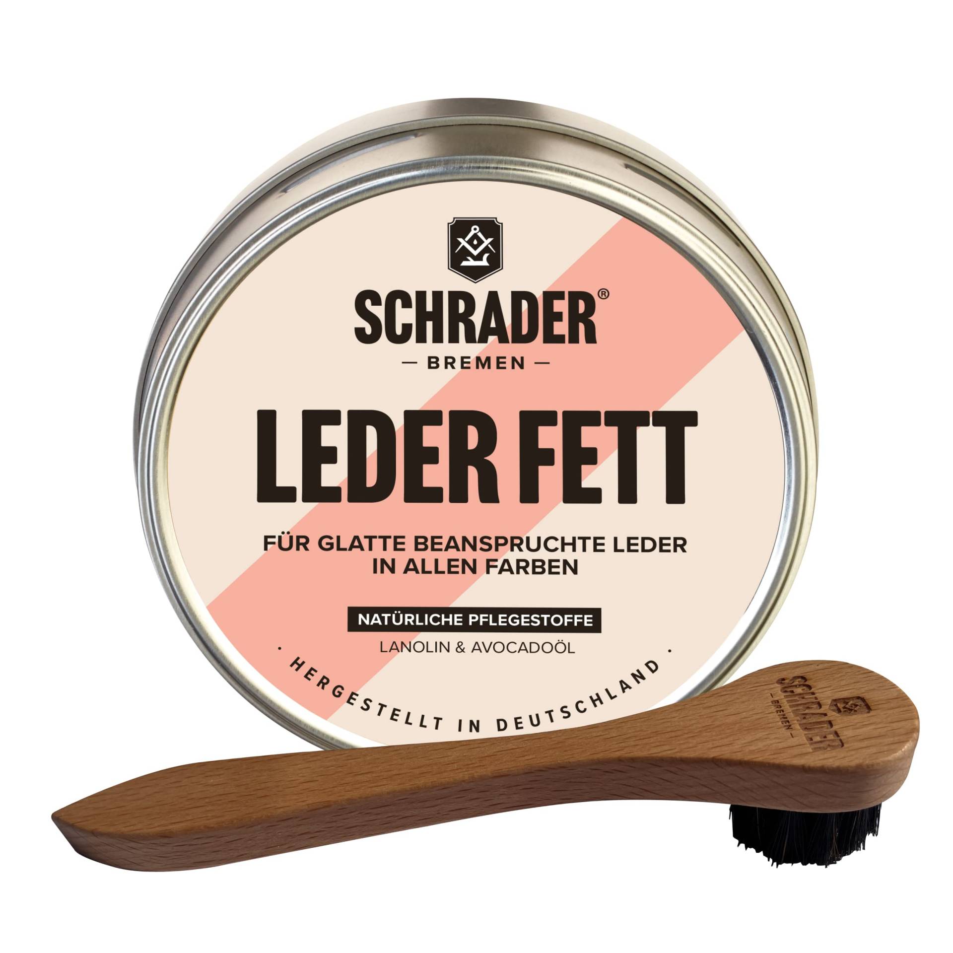 Schrader Lederfett farblos - Lederpflege für Glattleder, Schuhe, Motorradbekleidung - Imprägniermittel mit Tiegelbürste - 2-teilig - Made in Germany Schrader Lederfett farblos - Lederpflege für Glattleder, Schuhe, Motorradbekleidung - Imprägniermittel mit Tiegelbürste - 2-teilig - Made in Germany von Schrader Bremen