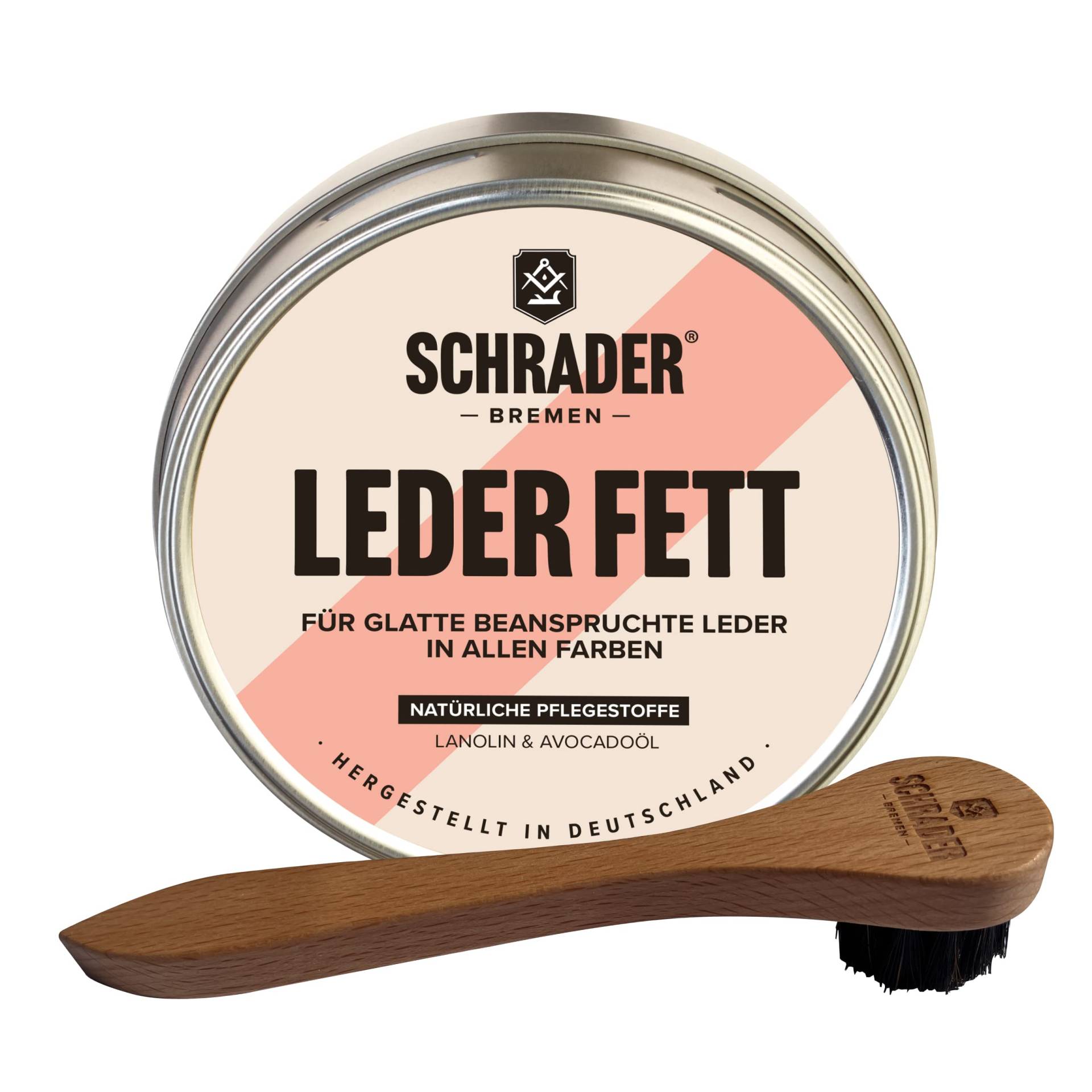 Schrader Lederfett farblos - Lederpflege für Glattleder, Schuhe, Motorradbekleidung - Imprägniermittel mit Tiegelbürste - 2-teilig - Made in Germany von Schrader Bremen