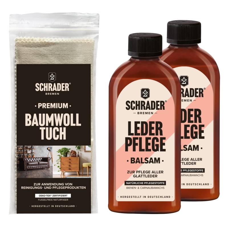 Schrader Lederpflege Balsam Set - Balsam und Poliertuch - für Glatte Lederarten - farbneutral - 3-teilig - Made in Germany von Schrader Bremen