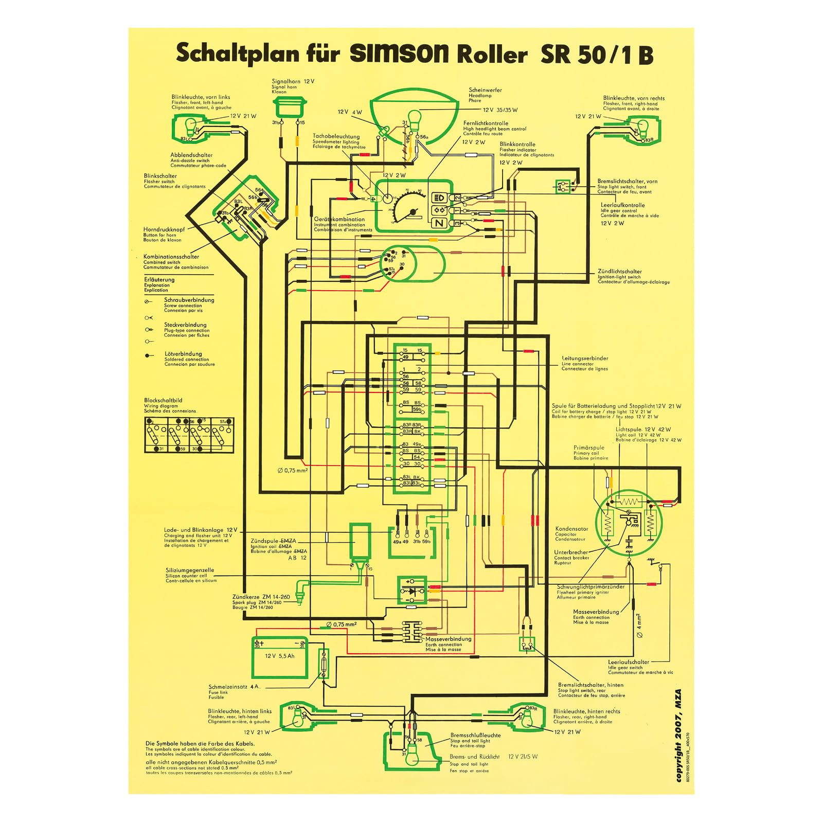 MZA Schaltplan Farbposter (40x57cm) Simson SR50/1 B von MZA