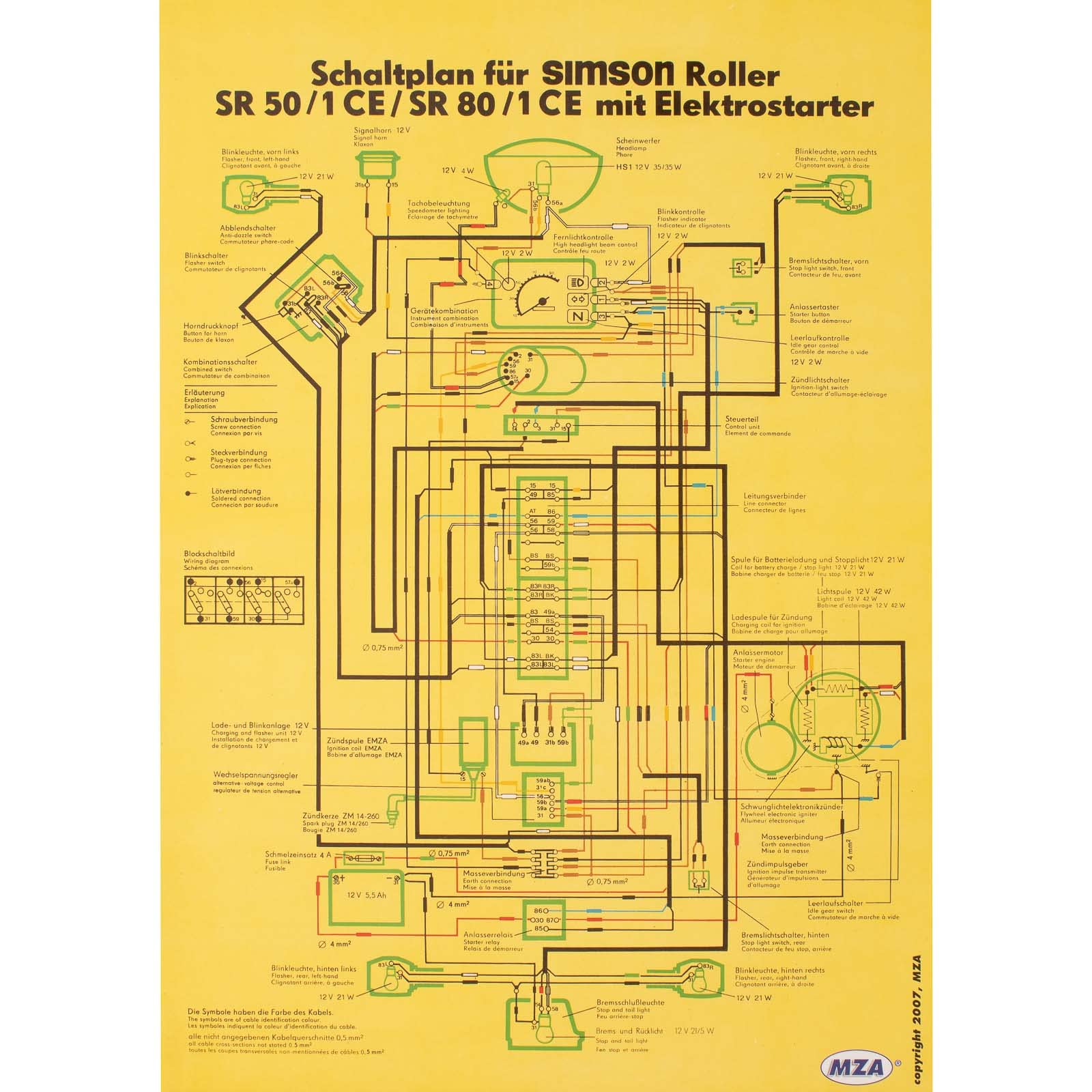 Schaltplan Farbposter (40x57cm) SR50/1 CE, SR80/1 CE mit Elektrostrater (beidseitig Glanzcello, schmutzabweisend) von MZA