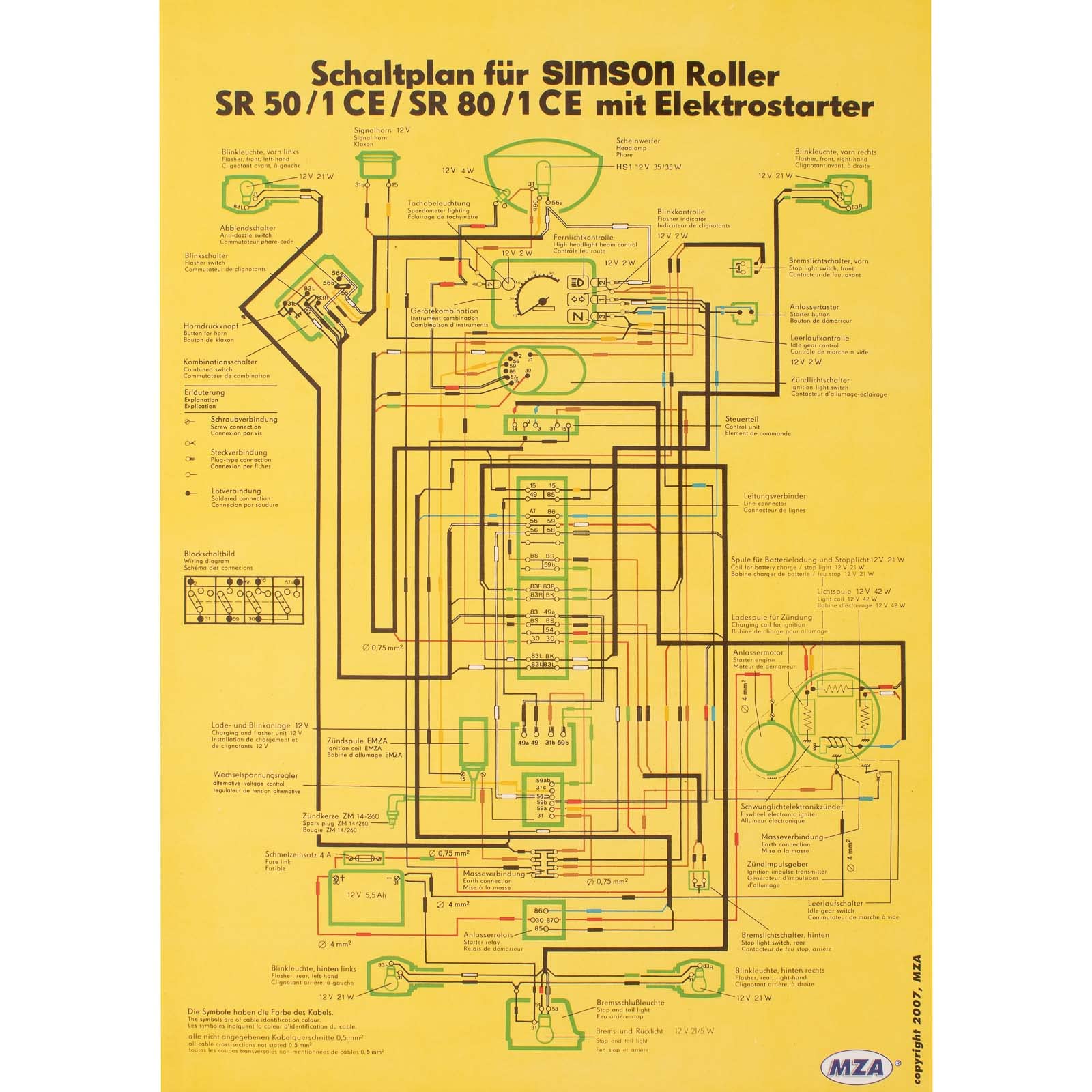 Schaltplan Farbposter (40x57cm) SR50/1 CE, SR80/1 CE mit Elektrostrater (beidseitig Glanzcello, schmutzabweisend) von Schwalbe