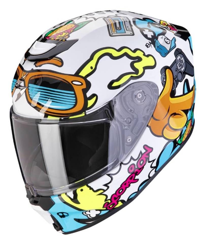 Scorpion EXO-JNR Fun weiß-blau Kinder-Motorradhelm ECE 22.06 mit AirFit-System und Pinlock, L 52/53 von ScorpionEXO