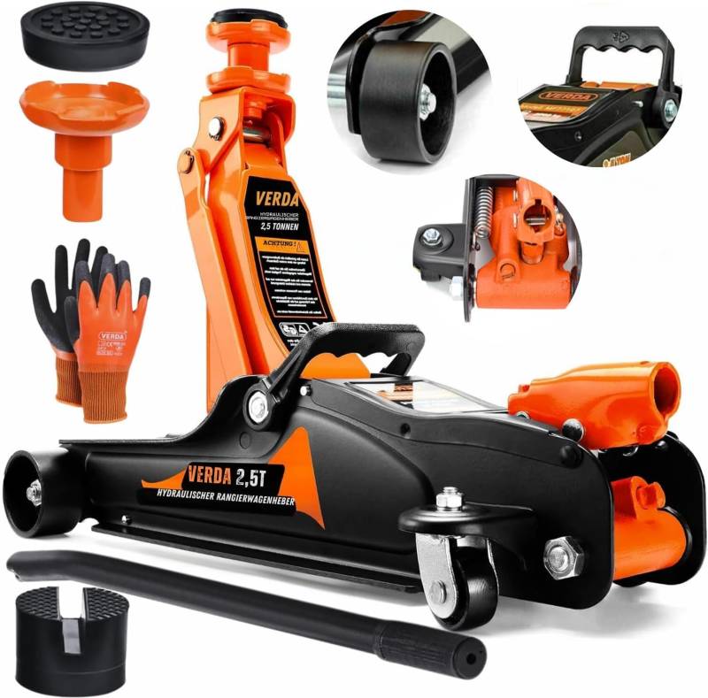 Hydrualischer Wagenheber 2,5T, 85-365mm + 2X Gummi + Montagehandschuhe Rangierwagenheber Auto Heber Profi Werkstatt, Wohnmobil, Geländewagen Reifenwechsel PKW (Wagenheber) von Sellnet