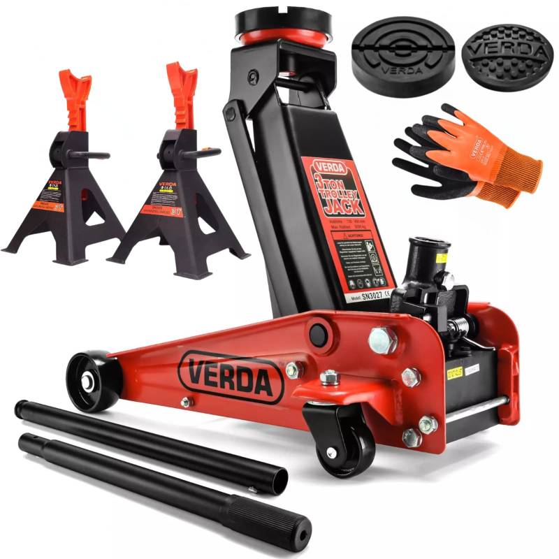 Verda Hydraulischer Wagenheber 3T 130-490mm + 2X Gummi + Handschuhe Rangierwagenheber Heber Rot Wohnmobil, Geländewagen Profi Ständer, Flache, Autoheber (Wagenheber 3T + 2X Unterstellbock) von Sellnet