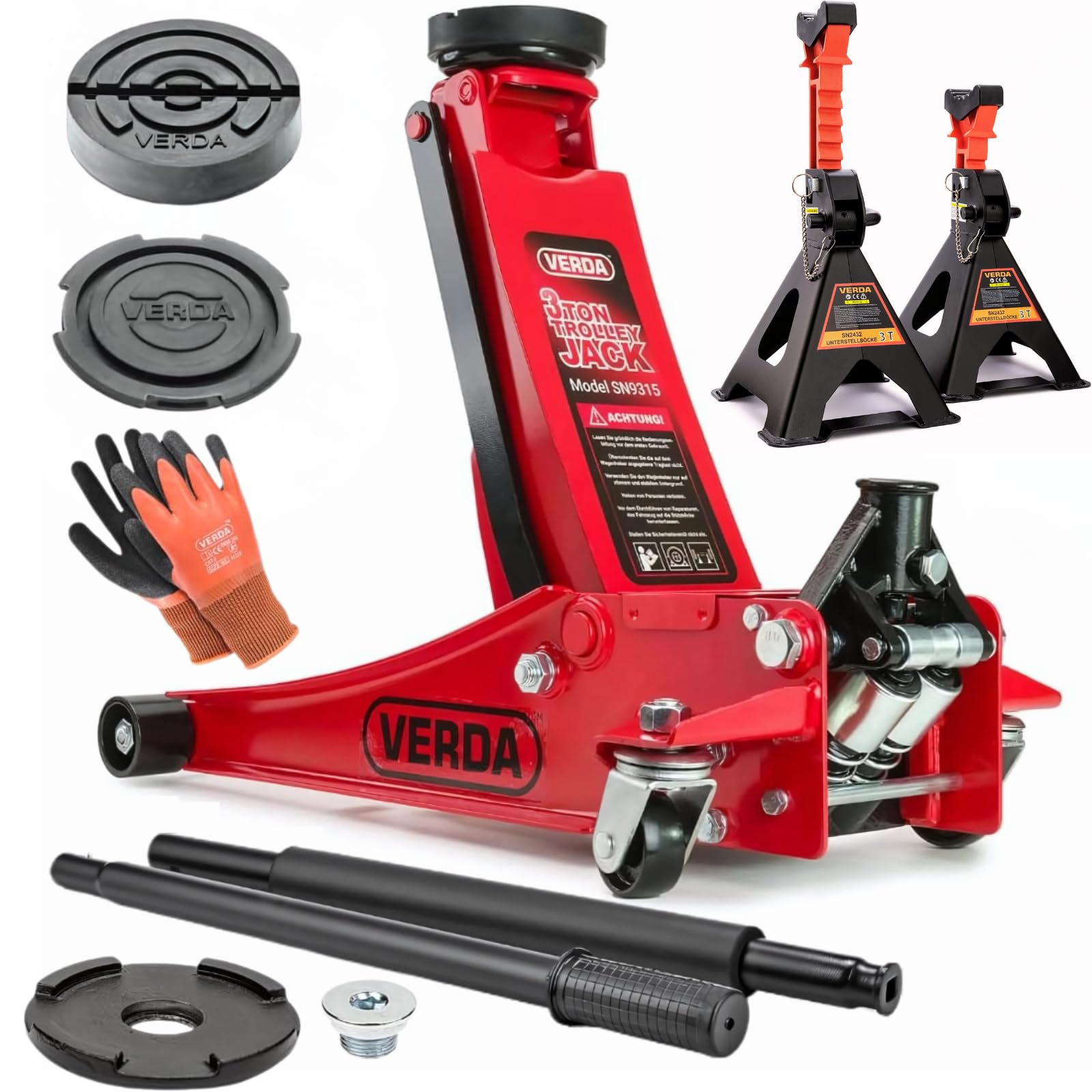 Wagenheber hydraulisch 3T, 75-515 mm + 2X Gummi + + 2X Unterstellböcke + Handschuhe + mit Schmiernippel Extra Flacher Rangierwagenheber Doppelpumpsystem Doppelkolben Unterstellbock Auto Heber Profi von Sellnet