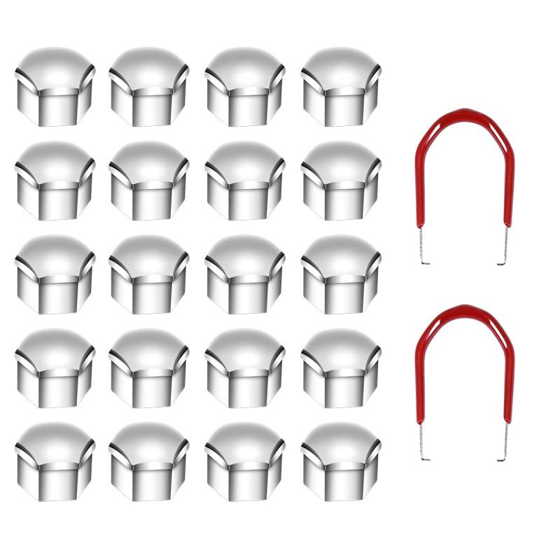 Selyse 20 Stück Kappen Radschrauben 17mm Kunststoff Nut Universal Radmuttern Kappen mit 2 Stück Abziehhaken(Silber) von Selyse