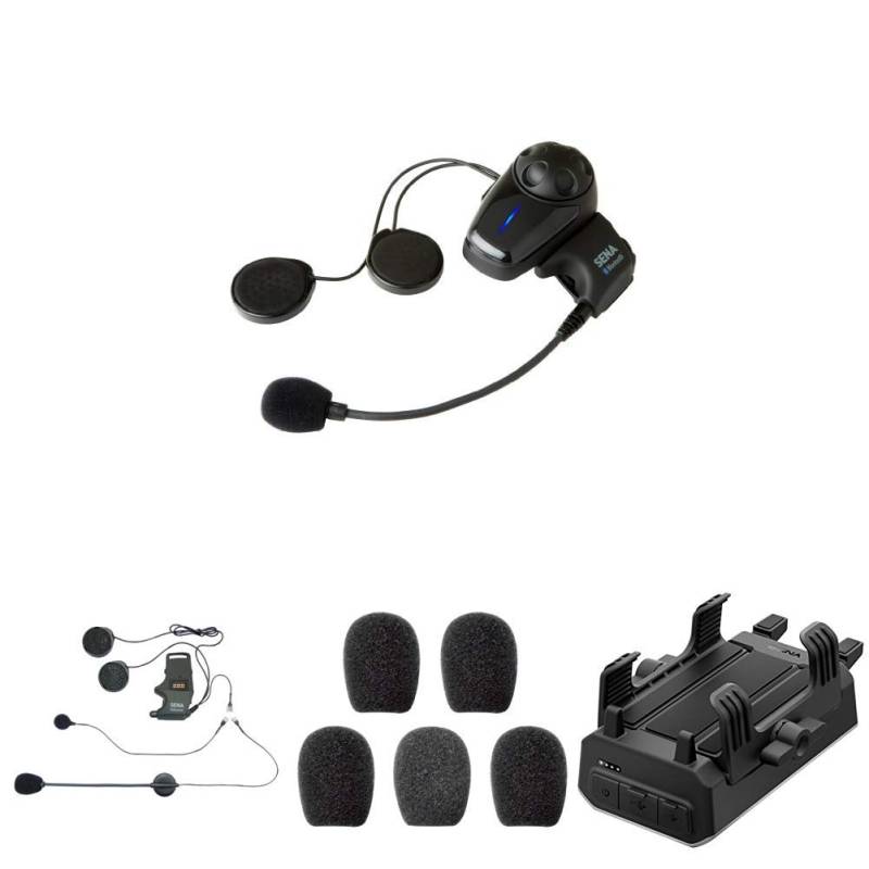 Sena SMH10-10 Bluetooth-Headset und Gegensprechanlage + SMH-A0302 Helmklemmenset - Anbringbares Bügelmikrofon + SC-A0109 Mikrofonaufsätze + POWERPRO-01 PowerPro Handlebar von Sena