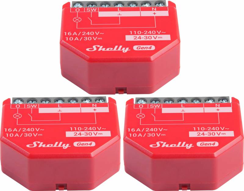 SHELLY Relais 1PM Gen4, 16 A, WLAN, Bluetooth, rot, 3 Stück von Shelly