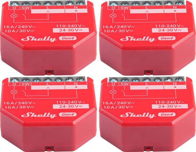 SHELLY Relais 1PM Gen4, 16 A, WLAN, Bluetooth, rot, 4 Stück von Shelly