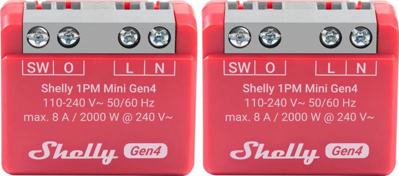 SHELLY Relais 1PM Mini Gen4, 8 A, WLAN, Bluetooth, rot, 2 Stück von Shelly