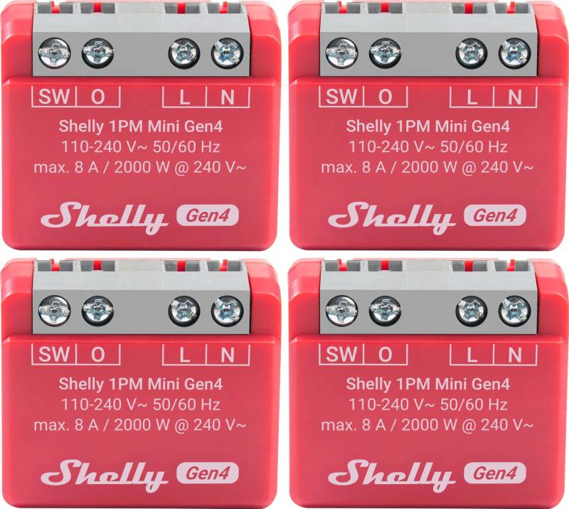 SHELLY Relais 1PM Mini Gen4, 8 A, WLAN, Bluetooth, rot, 4 Stück von Shelly