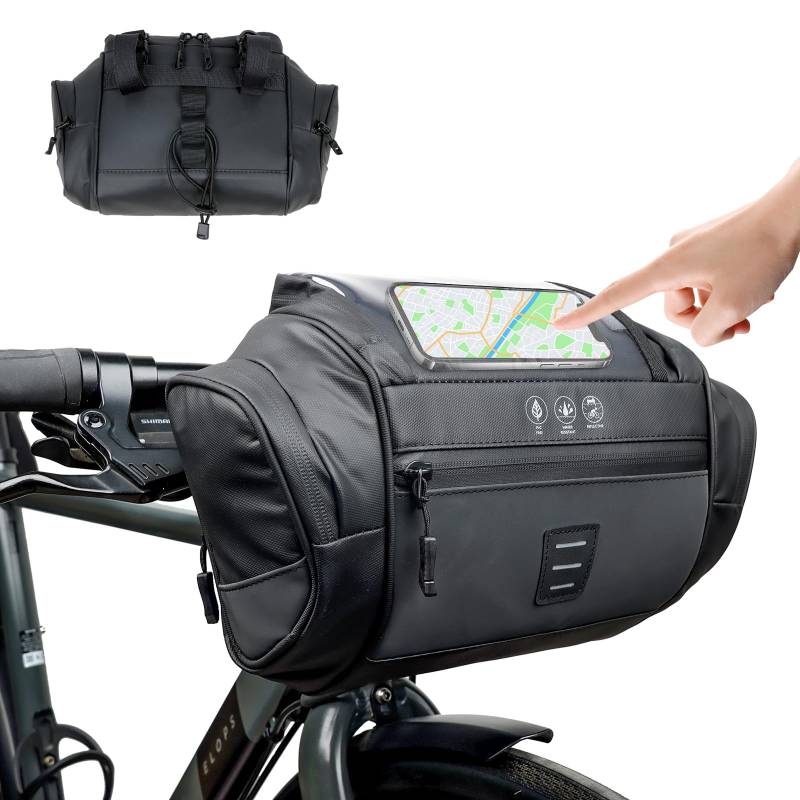 Shinkuro Fahrradkorb vorne, Wasserdicht Lenkertasche Fahrrad, 4.8L Fahrradtasche Lenker Fahrradkorb Vorne Bikepacking Zubehör mit Mobiltelefon Touchscreen und Abnehmbarer Schultergurt, Schwarz von Shinkuro