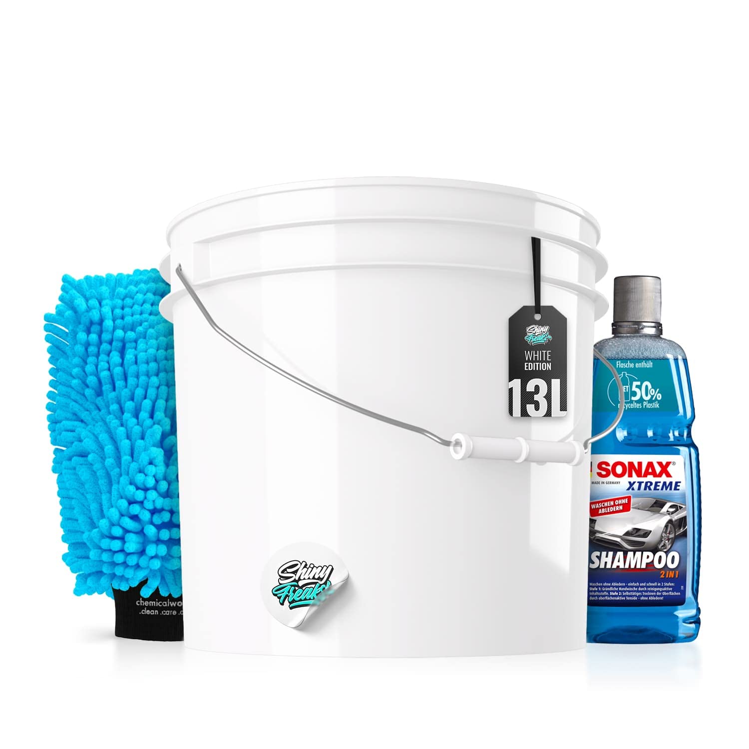 Auto Wascheimer Set: Waschset (3,5GAL) inkl. Sonax 2in1 Autoshampoo & Waschhandschuh für die Auto Handwäsche - schonende Reinigung & Pflege für den Lack - Autowäsche, waschen | 4-teilig von Shiny Freaks