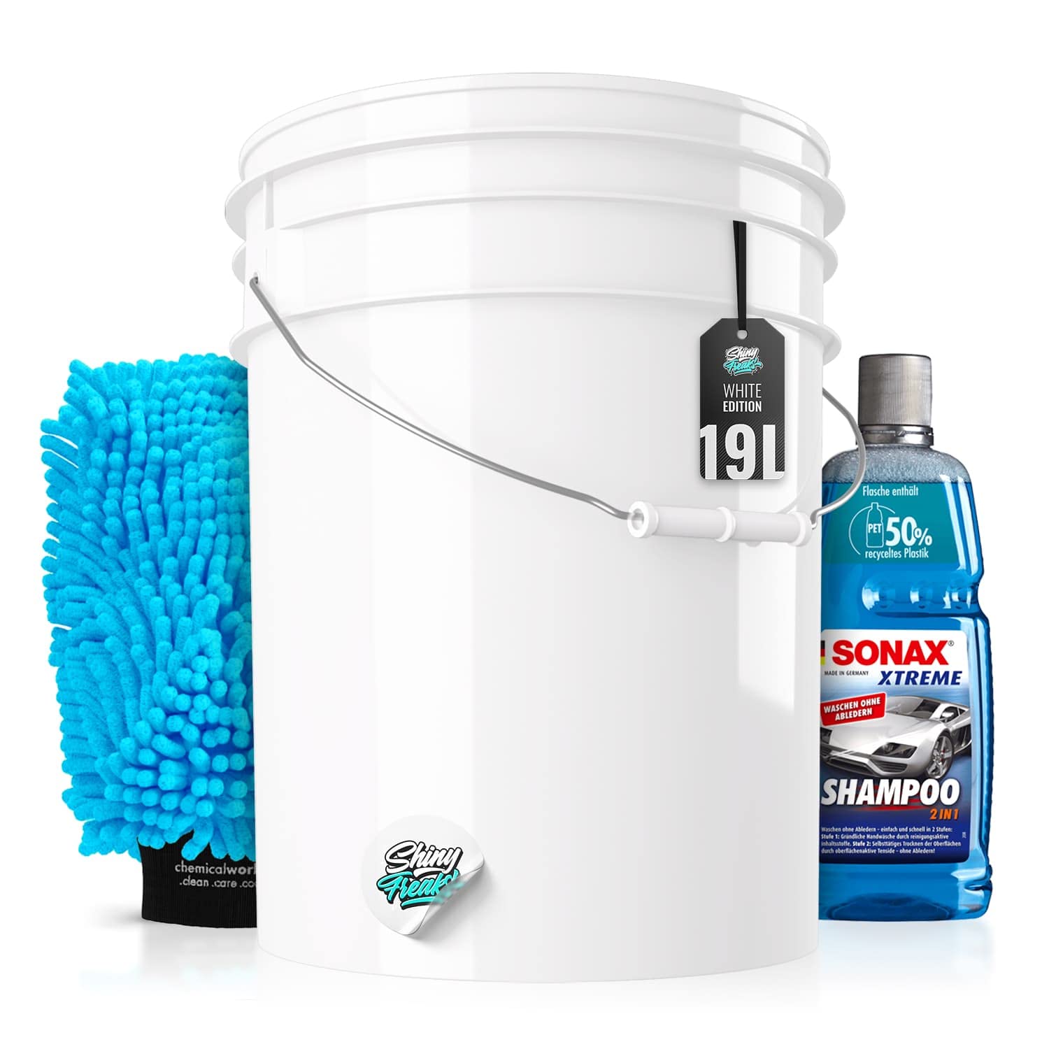 Auto Wascheimer Set: Waschset (5GAL) inkl. Sonax 2in1 Autoshampoo & Waschhandschuh für die Auto Handwäsche - schonende Reinigung & Pflege für den Lack - Autowäsche, waschen | 4-teilig von Shiny Freaks