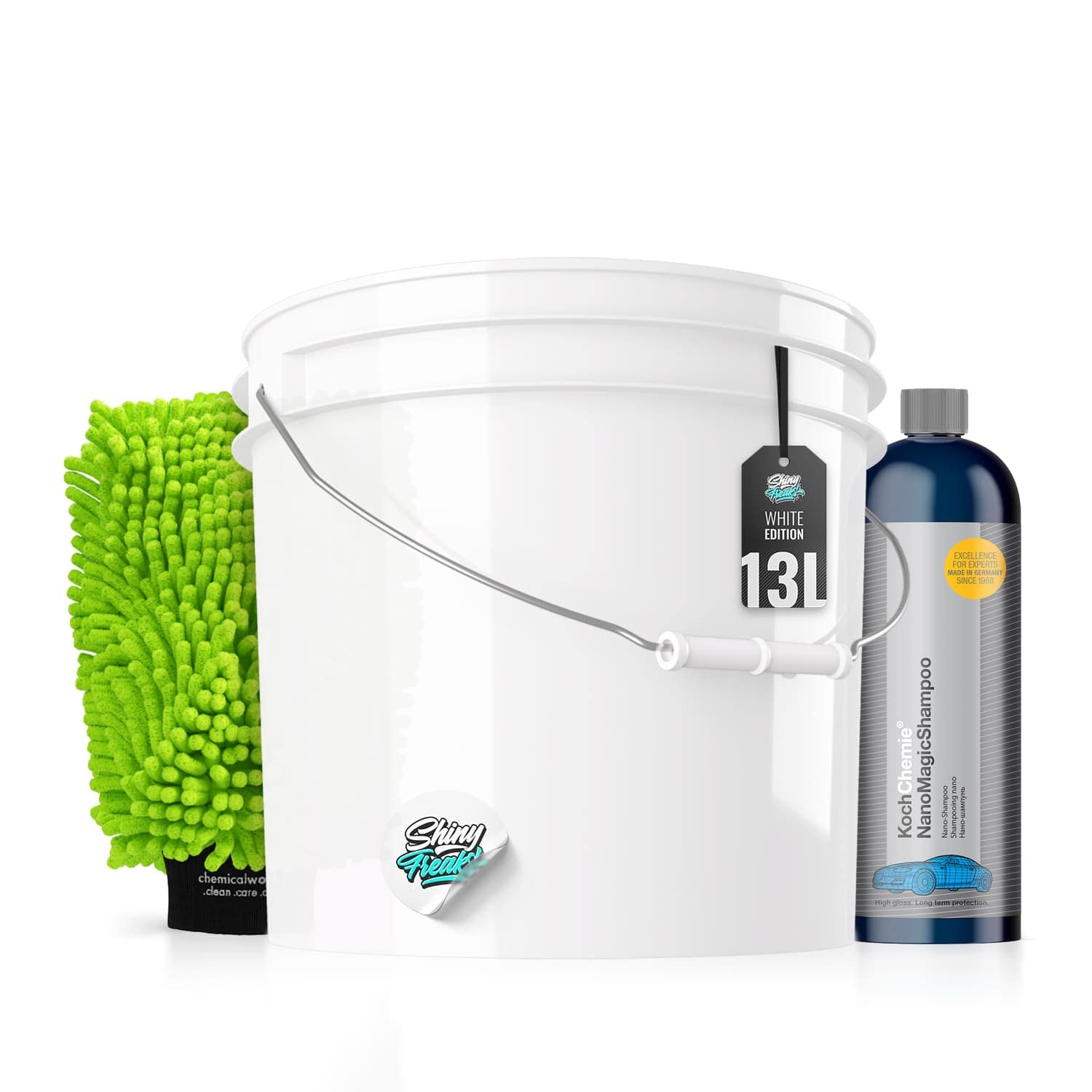 Auto Wascheimer Set: Waschset: (3,5GAL) inkl. Koch Chemie Nano Magic Shampoo & Waschhandschuh für die Auto Handwäsche - schonende Reinigung & Pflege für den Lack - Autowäsche, waschen | 4-teilig von Shiny Freaks
