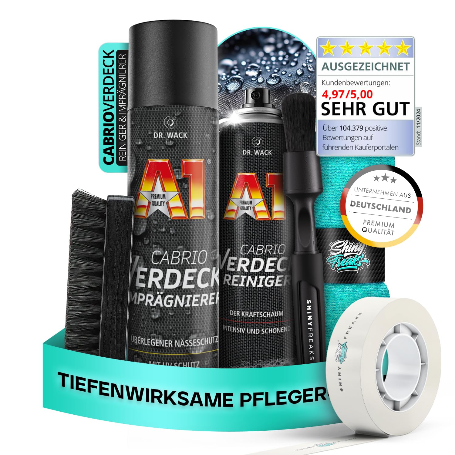 Dr. Wack A1 Cabrio Verdeck-Reiniger & Imprägnierer je 400 ml I Premium Cabrio-Reinigungs-& Imprägnierspray für alle Verdeckarten I Für eine intensive Reinigung & schonende Pflege I 9-teilig von Shiny Freaks