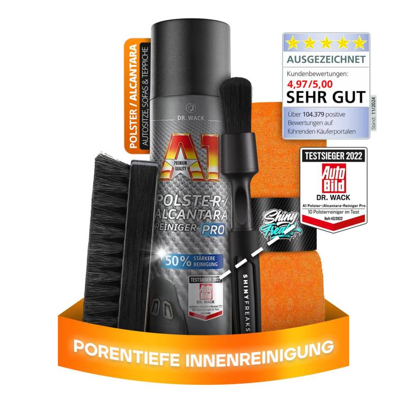Dr. Wack A1 Polster-/Alcantara-Reiniger Pro (400 ml) + Dr. Wack Polster-Reinigungsspray für alle Polsterstoffe – für eine intensive Reinigung I 4-teilig von Shiny Freaks