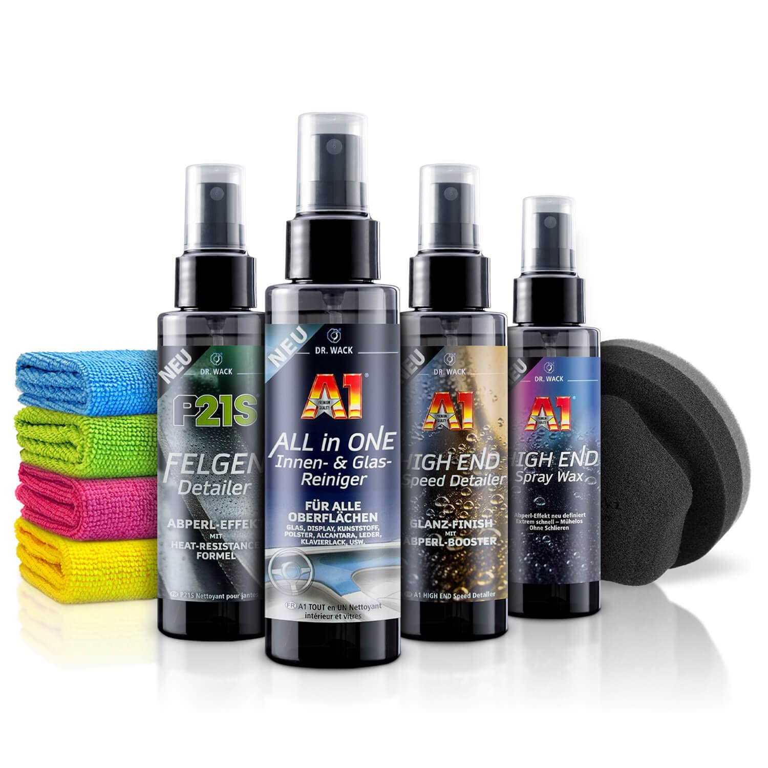 Dr. Wack Autopflege Set: Exterior Interior Experience Set - Lack & Felgen Detailer Versiegelung & Innenraumreiniger Glasreiniger (400ml) 4X Mikrofasertuch + Hand Wax Applikator | 9-teilig von Shiny Freaks